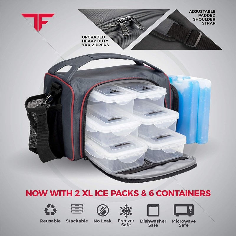 ThinkFit Red Reusable Lunch Bag with 6 Portion Control Containers,
