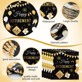 Sunnychicc 400 Pcs Happy Retirement Party Supplies Black Gold Retirement Disposable Paper Plates Napkins and Cups for Men Women Say Goodbye Decorations