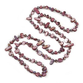 Avalaya Statement Long Purple Shell Nugget and Glass Crystal Bead Necklace/ 112cm Long