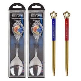 x2 Queen Platinum Jubilee Memorabilia 2022 Collectable Commemorative Stainless Steel Souvenir Remembrance Spoons 1952-2022 Plus x2 Platinum Jubilee Crown Pens (Black Ink)