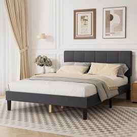 JHK Wood Bed Frame Full Queen Twin Size Linen Upholstered Platform Bed w/ Headboard - Grey, Queen