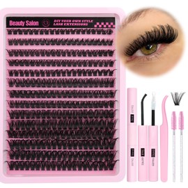 ALICE DIY Eyelash Extension Kit D Curl Fluffy Wispy Lash Clusters Individual Lashes Lash Extension Kit with Lash Bond and Seal Applicator Tool for Self Application at Home (80P-280Pcs-Mix10-16mm-0.07D)