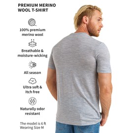 Merino.tech Merino Wool T-Shirt Mens - 100% Merino Wool Undershirt Lightweight Base Layer (Heathered Grey, Large)