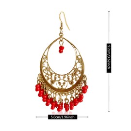 KVANU Handmade Creative Colorful Bohemian Chandelier Teardrop Bead Dangle Drop Earrings Ethnic Gypsy Beads Tassel Hoops Earrings for Women (Red)