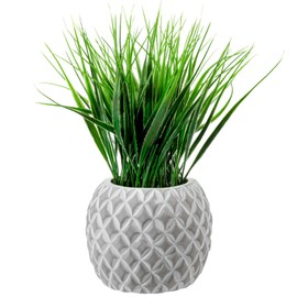 MyGift Artificial Green Grass Plant in Modern Round Gray Concrete Pot with Embossed Diamond Pattern, Tabletop Faux Greenery Decor Potted in Decorative Planter