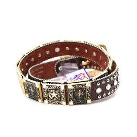 West Star Texas Genuine Leather Belt for Women & Cowboy Big Rhinestone With Engraved Buckle Country Style With Black Cross-802F STAR CF L