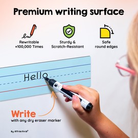 Attractivia Dry Erase Magnetic Sentence Strips for Teachers, Whiteboards & Classrooms - 12" x 3.5" - 12 Colored Sentence Strips - Practice Handwriting, Sight Words, Spelling and Math