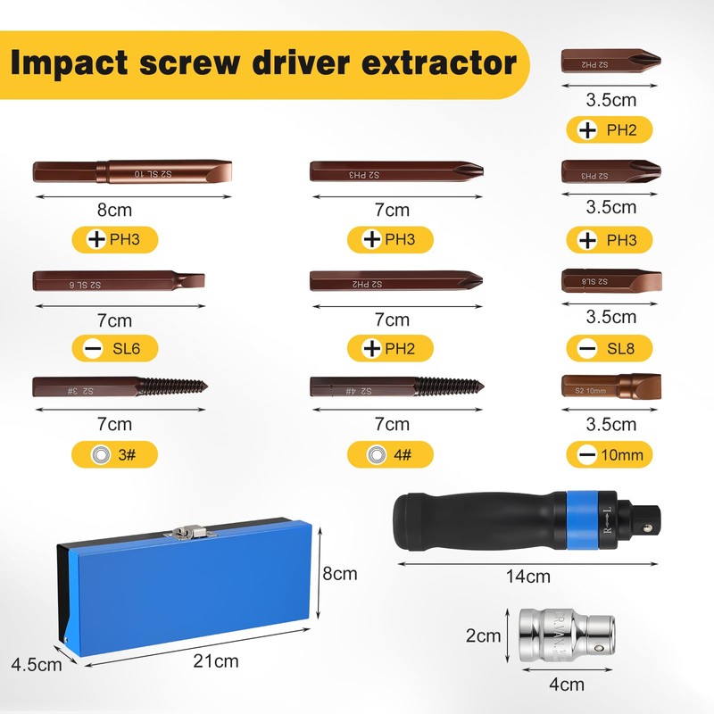 12PCS Impact Screwdriver Set, Professional 1/2" Hand Impact Wrench, S2