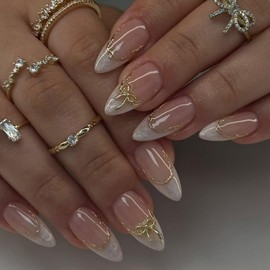24Pcs Cute French Tip Press on Nails Medium Length Fake Nails Almond False Nails with Golden Stripes and Bow Design Artificial Acrylic Nails Press ons Full Cover Reusable Stick on Nails for Women