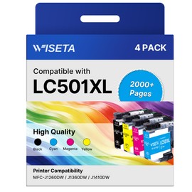 Wiseta LC501XL Ink Cartridges High Yield Compatible for Brother LC501XL LC501 Ink Cartridges LC501 XL for Brother MFC-J1260DW MFC-J1360DW MFC-J1410DW Printer 4 Pack (Black Cyan Magenta Yellow)