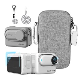 LEWOTE Accessories Kit Compatible with Insta360 GO 3S [Silicone Camera Case Cover and Lens Cap][2Pcs Screen Protector Film][Carrying Case Bag with Auto Locking Carabiner and Anti-loss Lock] (Grey)