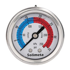 Solimeta 2" Dial Pool Filter Pressure Gauge, Glycerine Filled Pressure Gauge, Water Pressure Gauge, 304 Stainless Steel Case,1/4"NPT Center Back Mount