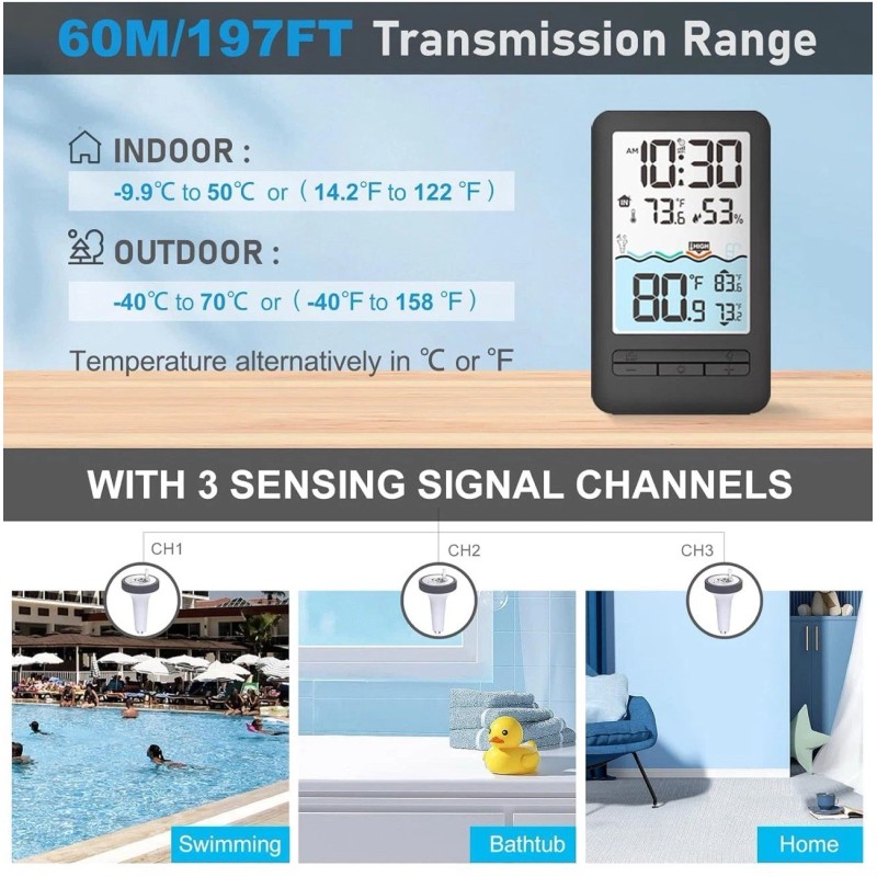 HEYAXA Wireless WiFi Pool Thermometer with 4" Digital LCD Display