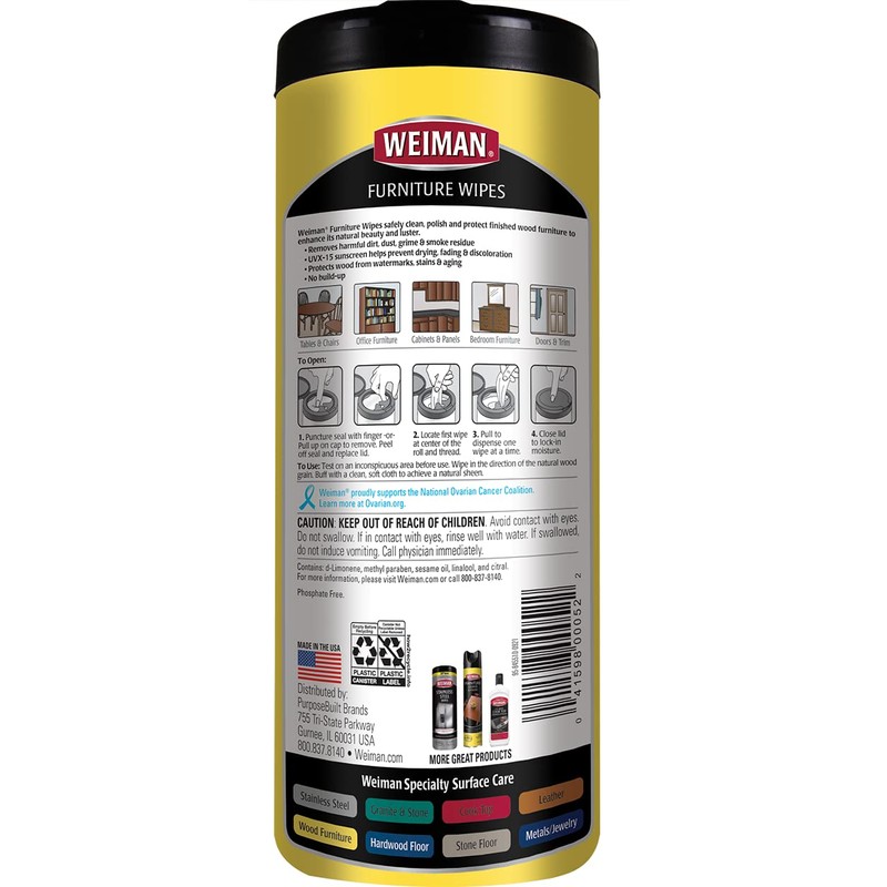 Weiman Wood Cleaner and Polish Wipes - Clean, Polish &