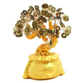 避邪十帝币招财摇钱树 Large 9" Feng Shui Money Tree Gold Coin Fortune Bag Pot Feng Shui Bonsai Style Prosperous Gathering w Qing Dynasty Lucky Coins