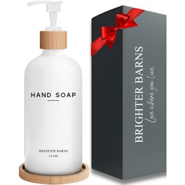 White Glass Hand Soap Dispenser Bathroom Set by Brighter Barns - Liquid Hand Soap Dispenser for Kitchen Sink - Boho Bathroom Soap Dispenser Set- Minimalist Home Decor for Vacation Rental, Gift (White)