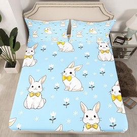 Cartoon Rabbit Fitted Sheet Set Full Size 4 Pcs,Watercolor Flower Blue Teens Sheets,Cute Pet Animals Bedding Sets (1 Fitted,1 Flat,2 Pillowcases) Luxury Deep Pocket Bed Sheets
