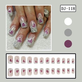 24 Pcs Valentine Medium Square Press on Nails Nails with Purple Heart Love Design Silver Glitter French Tip False Nails Full Cover Sparkly Acrylic Nails Stick on Nails for Women Nails Manicure Decor