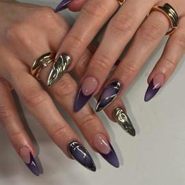 Long Press on Nails Almond Gold Purple French Tip False Nails 3D Fake Nails with Design Gradient Purple Artificial Nails Long Acrylic Glue on Nails Press ons Golden Lines Stick on Nails for Women