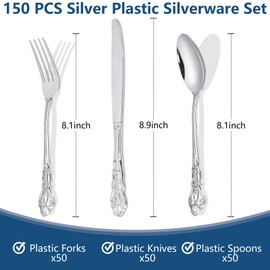 Joyido 150PCS Silver Plastic Silverware - Heavy Duty Silver Disposable Cutlery - Fancy Plastic Utensils Flatware Include 50 Forks, 50 Spoons, 50 Knives for Catering, Parties, Dinners, Weddings