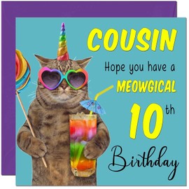 10th Cousin Birthday Card - Meowgical Cat Funny Birthday Card for 10 Year old Kids ten, tenth