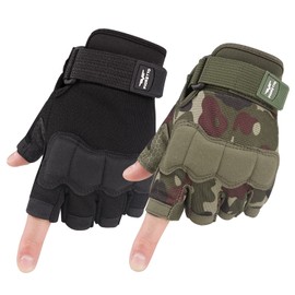 FIORETTO Fingerless Gloves, Airsoft Gloves, Half Finger Gloves for Driving, Cycling, Shooting, Hunting, Motorcycle, Climbing, Outdoor Work 2 Pairs(Black+Green Camo) Medium
