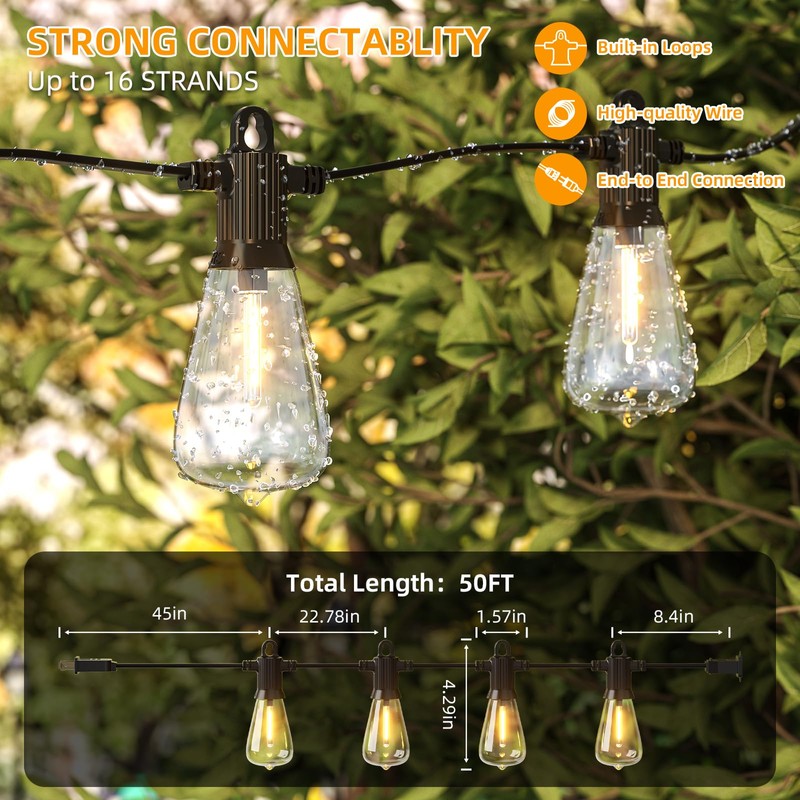 FOOMAN LED Outdoor String Lights, 50FT Outside Waterproof Patio Lights