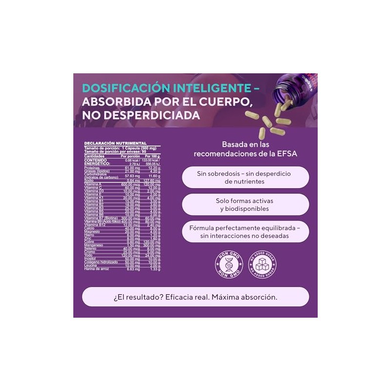Vitaminas Mujer Colágeno Hidrolizado Inositol Biotina Ácido Fólico Complejo Multivitamínico