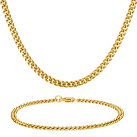 NORBU Gold Plated Stainless Steel Cuban Link Chain and Bracelet Set for Men, Chain Necklace 3.5mm in Width and 20" in Length, Bracelet 3.5mm in Width and 7 1/2" in Length