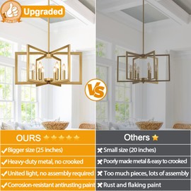 6-Light Modern Gold Chandelier, Geometric Dining Room Light Fixture Industrial Pendant Lights Kitchen Island, Hanging Metal Farmhouse Chandelier for Dining Room Entryway Foyer