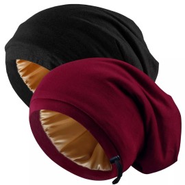 NICPOO 2 Pcs Adjustable Silk Satin Bonnet Hair Wrap for Sleeping - Silk Lined Slouchy w