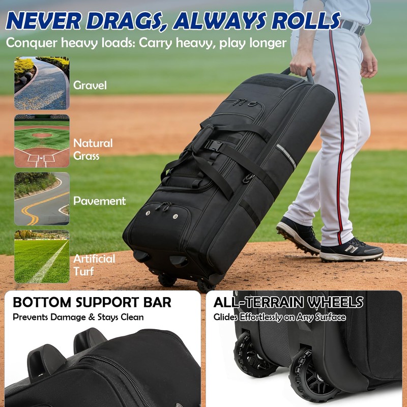 Catchers Gear Bag with Wheels for 4 Bats, Rolling Baseball