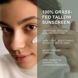 Beef Tallow Sunscreen SPF 50+, Deeply Nourishing Organic Sun Cream, Grass Fed Beef Tallow Skin Care, Tallow Unscented Suncream SPF 50, 60g