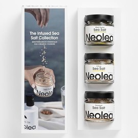 Neolea Greek Sea Salt Flakes Gift Set – 100g of Each of Three Varieties: Pure, Smoked, and Mediterranean Herb – Flaky Finishing Salt Made from Fleur de Sel for Cooking, Baking, Topping, Meats & More
