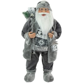 Northlight Alpine Chic Standing Santa Claus in Gray/White with A Bag and Lantern Christmas Figure, 24"