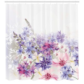 Ambesonne Lavender Shower Curtain, Pastel Cornflowers Bridal Classic Design Gentle Floral Wedding Design Print, Cloth Fabric Bathroom Decor Set with Hooks, 75" Long, Violet Pink