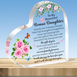 JMIMO Bonus Daughter Gifts Bonus Daughter Heart Shaped Acrylic Plaque Bonus Daughter Christmas Birthday Gifts Keepsake