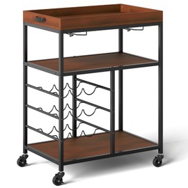 TANGZON 3-Tier Kitchen Serving Trolley, Rolling Bar Cart with Wine Rack, Glass Holders & Wheels, Metal Frame Drinks Trolley for Dining Room Restaurant (3-Tier Wine Rack, 3-Tier Shelf, 71x45x93cm)