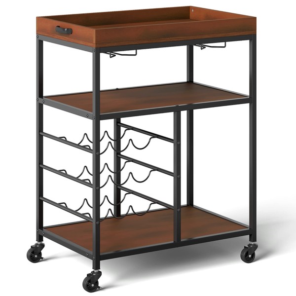TANGZON 3-Tier Kitchen Serving Trolley, Rolling Bar Cart with Wine