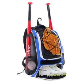 WOLT Mochila para bate de béisbol juvenil, bolsa para béisbol, sóftbol y equipo y equipo de T-ball, jóvenes y adultos, con soporte para murciélago, casco, guante, compartimento para zapatos y gancho para valla (azul)