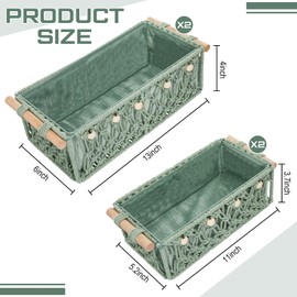 Vesici 4 Pcs Sage Green Macrame Storage Basket for Shelves 13" 11" Boho Storage Basket Hand Woven Boxes with Wood Handles Beads Decorative Countertop Toilet Cabinet Organizer for Home Decor