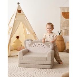 Blissful Diary Kids Couch, 2-in-1 Soft Toddler Couch Fold Out, Toddler Chair Comfy, Convertible Sofa to Lounger, Kids Furniture for Playroom, Gift for Birthday, Children's Day, Khaki Dinosaur