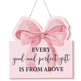 MOTERMATE Every Good and Perfect is from Above Pink Bow Sign Decor, Preppy Pink Bow Front Porch Door Decor, Scripture Wall Hanging Decor for Home Dorm, Christian Gifts for Women, 12x12 Inch