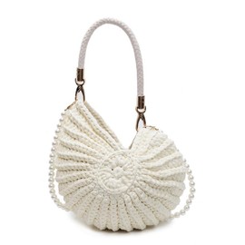 Handwoven Fashion Seashell Bag Stylish & Unique Boho Clutch with Pearl Strap Leather Handle & Premium Hardware (Cream white)