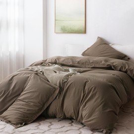 BDEAR Linen Feel Duvet Cover Super Queen Size, 100% Washed Cotton Comforter Cover Size 98x90inch with Zipper Closure and 2 Pillowcases, Solid-Light Brown