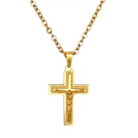 Flongo Rosary Men's Cross Pendant Women's Necklace Stainless Steel Silver Gold Golden Jesus Cross Crucifix Classic, Stainless Steel