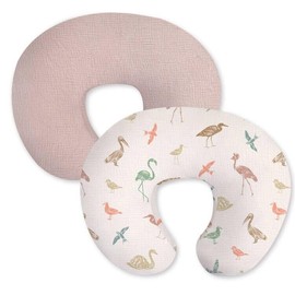 Little Grape Land Muslin Nursing Pillow Covers 2 Pack, 100% Cotton Removable Breastfeeding Pillow Covers, Feeding Pillow Slipcovers for Baby Boys & Girls, (Wetland Birds & Rosy)
