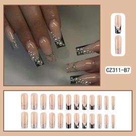Long Press on Nails Square Coffin Fake Nails French Tip with Nude Black 3D Pearl Designs Full Cover False Nails Glue on Nails Cute Acrylic Thick Stick on Nails for Women Nails Art 24Pcs CZ311-B7