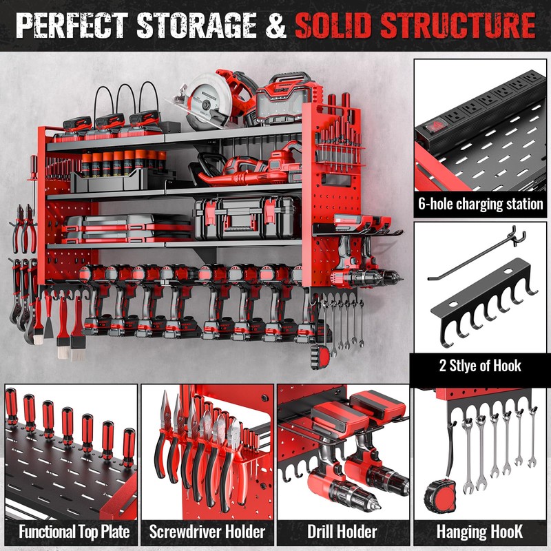 Heavy Duty Power Tool Organizer Wall Mount with Charging Station,