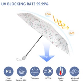 Cuby UV Sun Umbrella Compact Folding Travel Umbrella Auto Open and Close for Windproof, Rainproof & 99% UV Protection Parasol with Black Anti-UV Coating（Pink Flower）